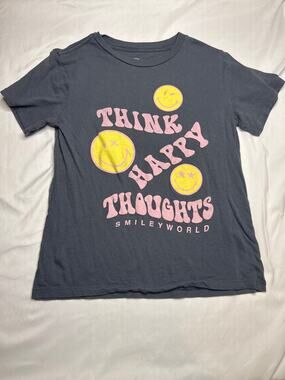 Smiley World Think Happy Thoughts Graphic T Shirt Size Small Gray Pink Yellow